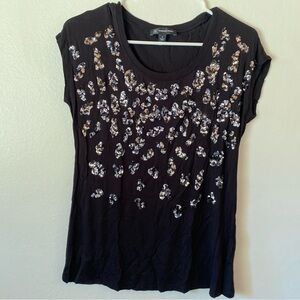 INC International Concepts Black Short Sleeve Top with Metallic Sequin Spots